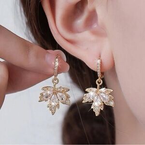 18k Gold Plated Jeweled Maple Leaf Huggie Earrings